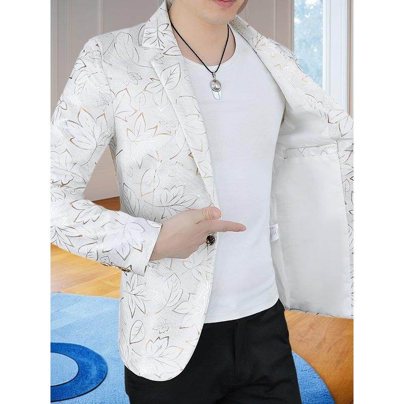 高级感休闲西服男士秋冬季新款韩版修身印花单西上衣痞帅西装外套