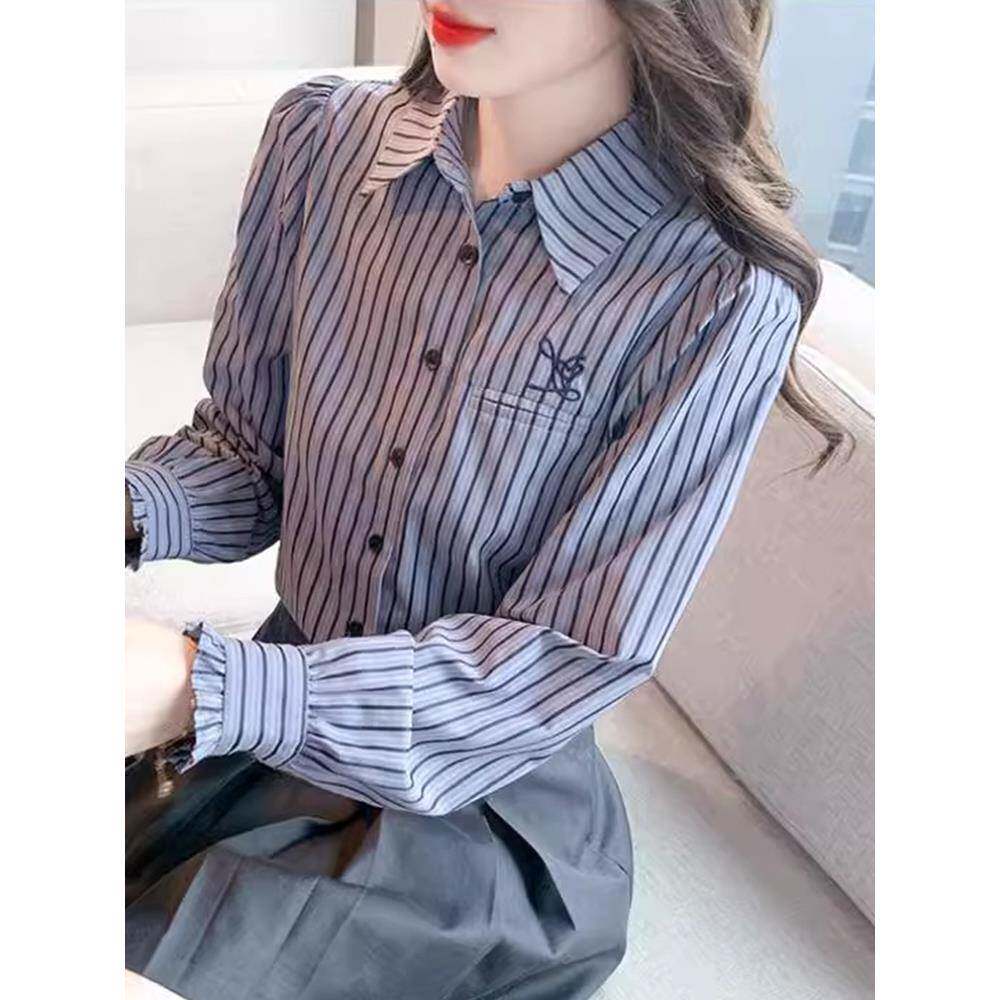 潮牌条纹设计感小众长袖衬衫女2025春秋高级感气质显瘦打底上衣女
