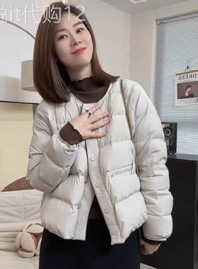 韩版时尚白色短款羽绒服女2025冬季新款圆领白鸭绒面包服保暖外套