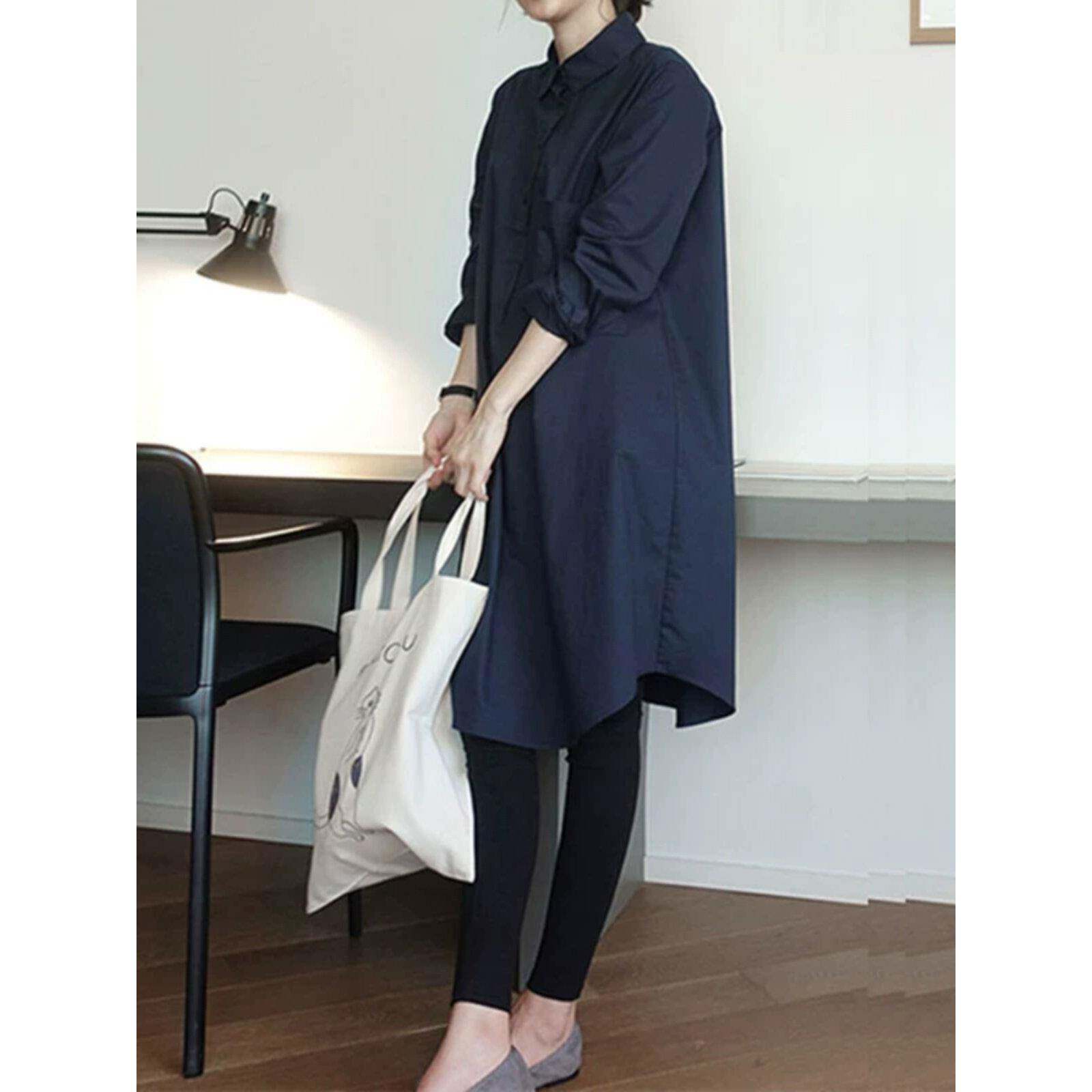 香港2026年春季纯棉衬衫女长袖宽松套头中长款衬衣连衣裙遮肉裙子