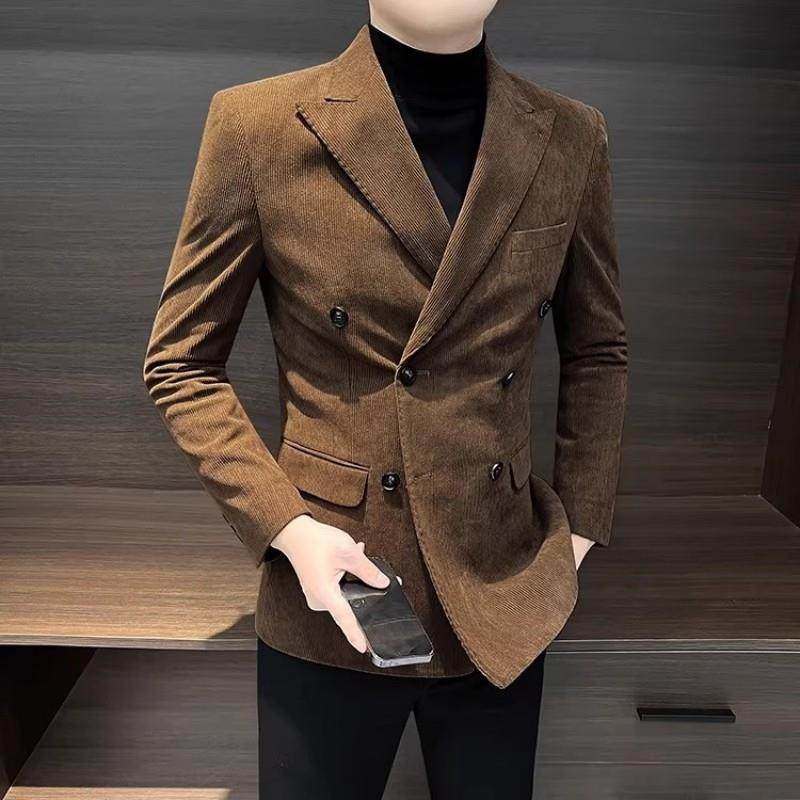 潮牌灯芯绒男士西装外套秋冬高级感痞帅风商务休闲西服双排扣上衣