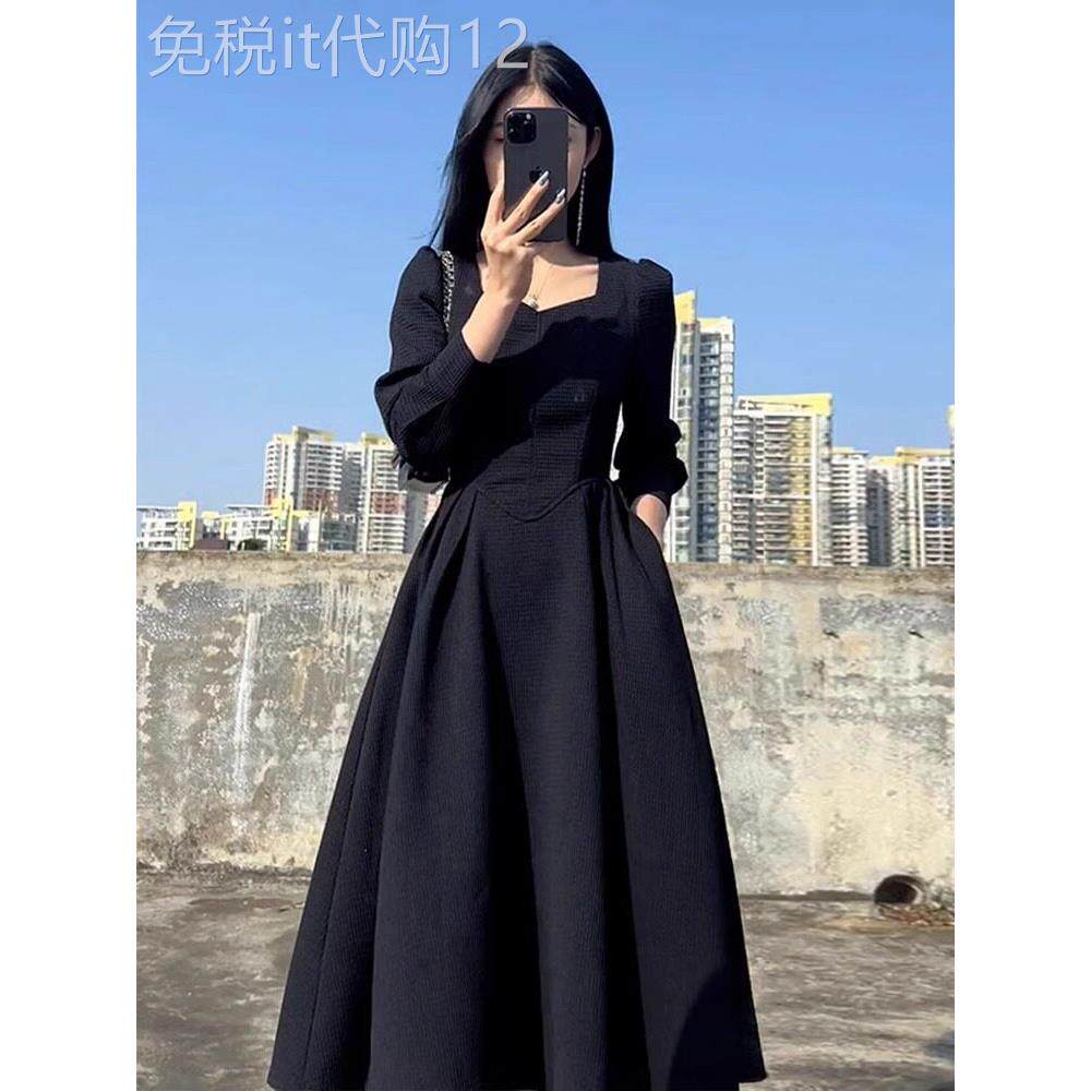 欧洲站春装女2025年新款法式赫本风过膝长裙子黑色显瘦长袖洋装