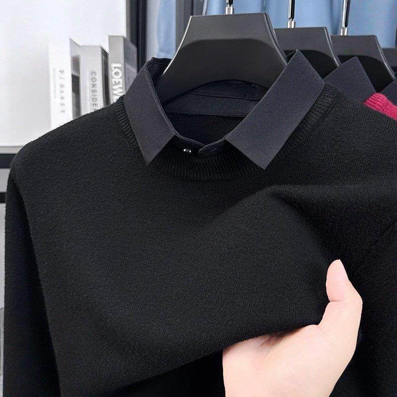 高端加厚假两件毛衣男士冬季2025新款加绒保暖衬衣领针织衫打底衫