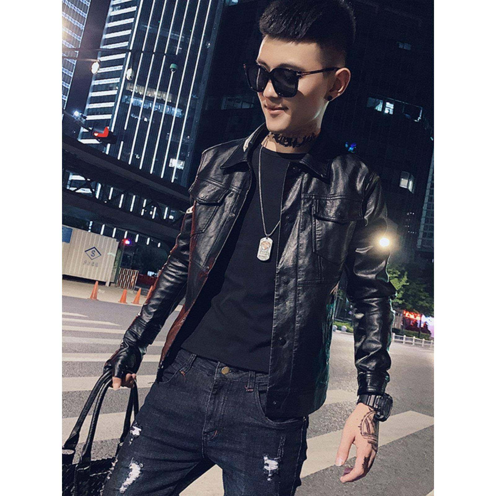 香港秋冬季新款潮男加绒加厚外套潮流帅气真皮机车皮衣男修身夹克