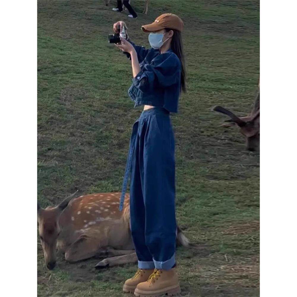 潮牌牛仔外套阔腿裤套装女春秋网红炸街小个子时尚休闲运动两件套