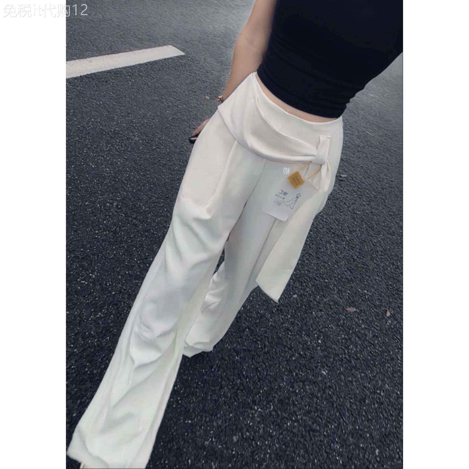 米白色腰封飘带西装阔腿裤女2026秋季新款气质高腰垂感休闲拖地裤