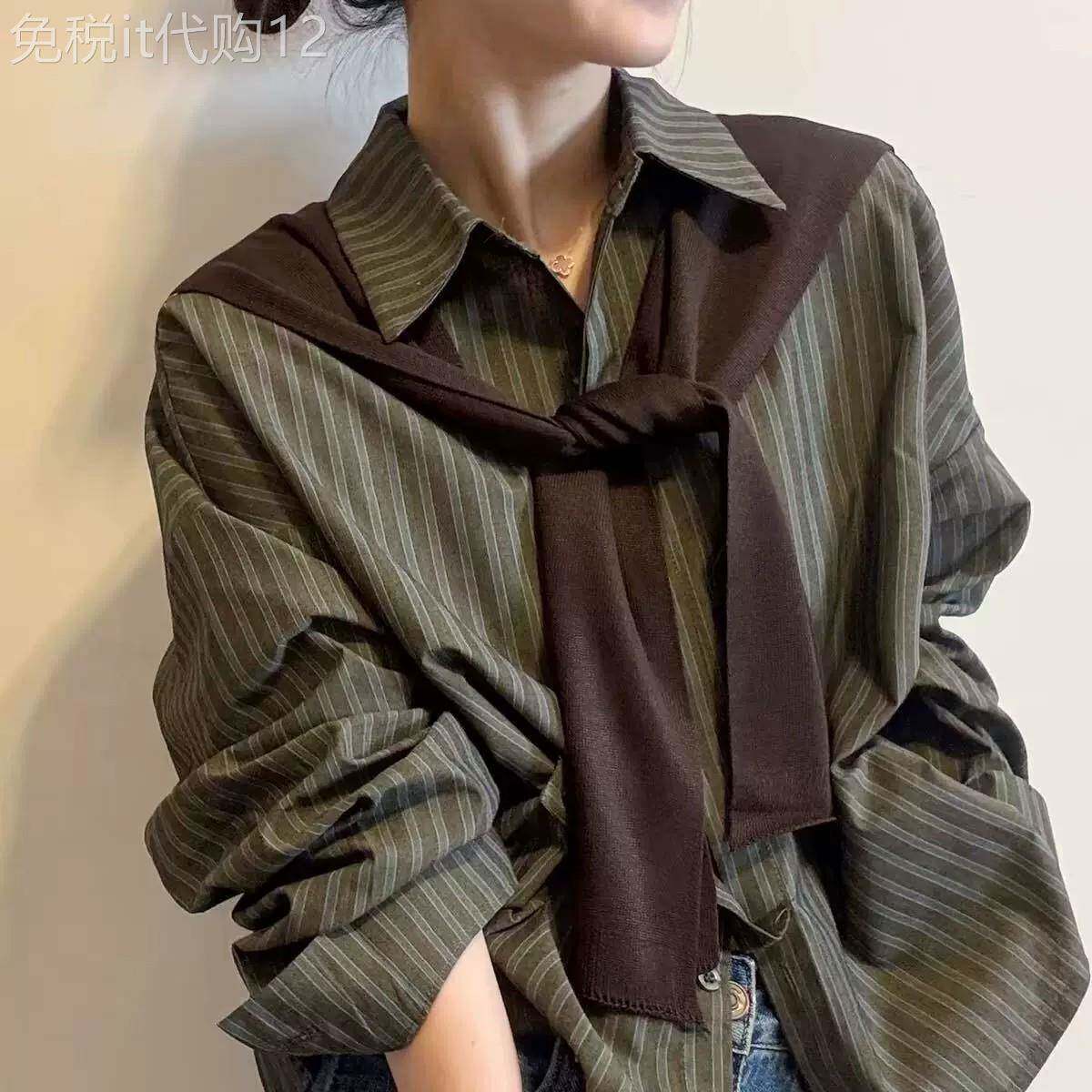 韩系2026年秋季新款宽松显瘦长袖条纹休闲舒适披肩衬衫女短款上衣