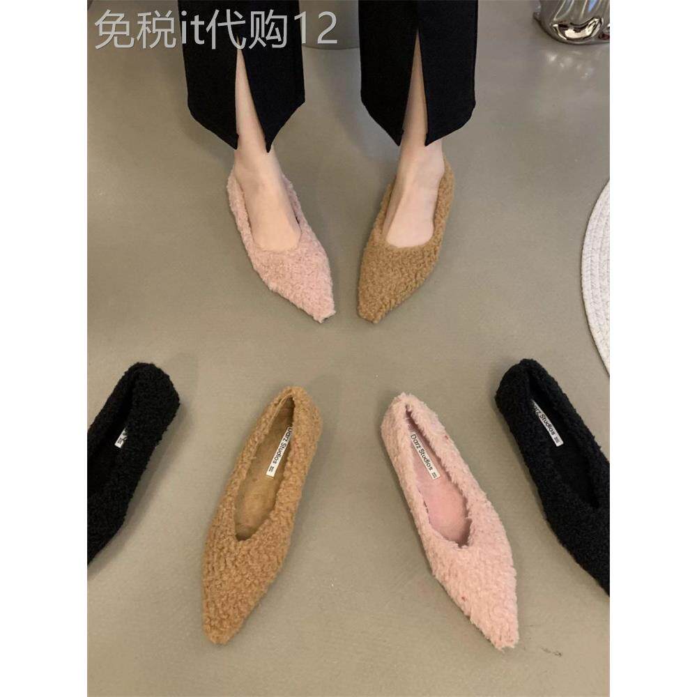 香港2025年新款秋季女鞋时尚百搭尖头浅口毛毛鞋女低帮平底单鞋女