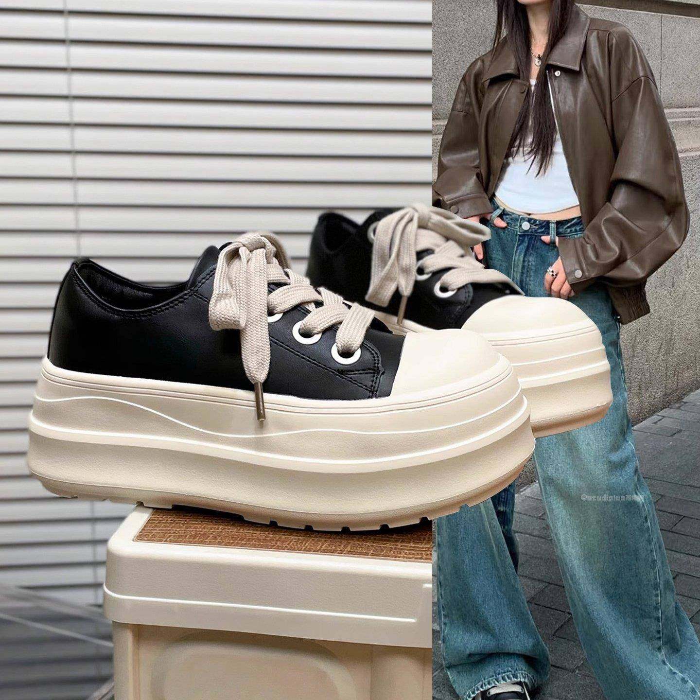 香港真皮厚底小白鞋女2025春季新款百搭增高休闲运动板鞋爆款面包