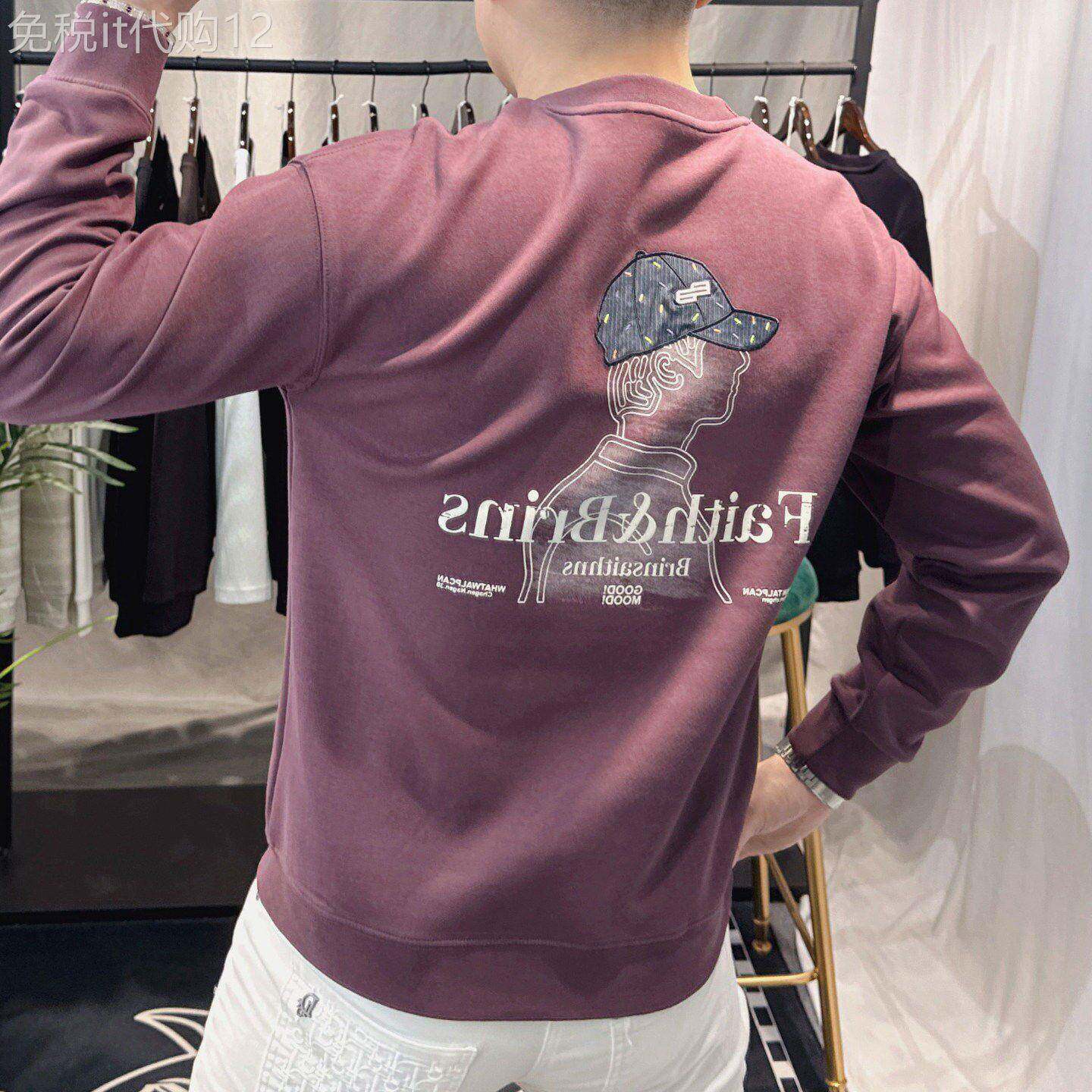 美式潮牌卡通印花刺绣圆领卫衣男春秋时尚休闲百搭长袖打底衫青年