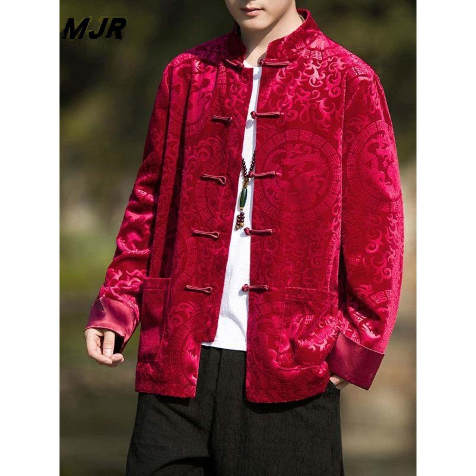 本命年红色休闲外套男春秋丝绒上衣中国风衣服新中式盘扣唐装汉服