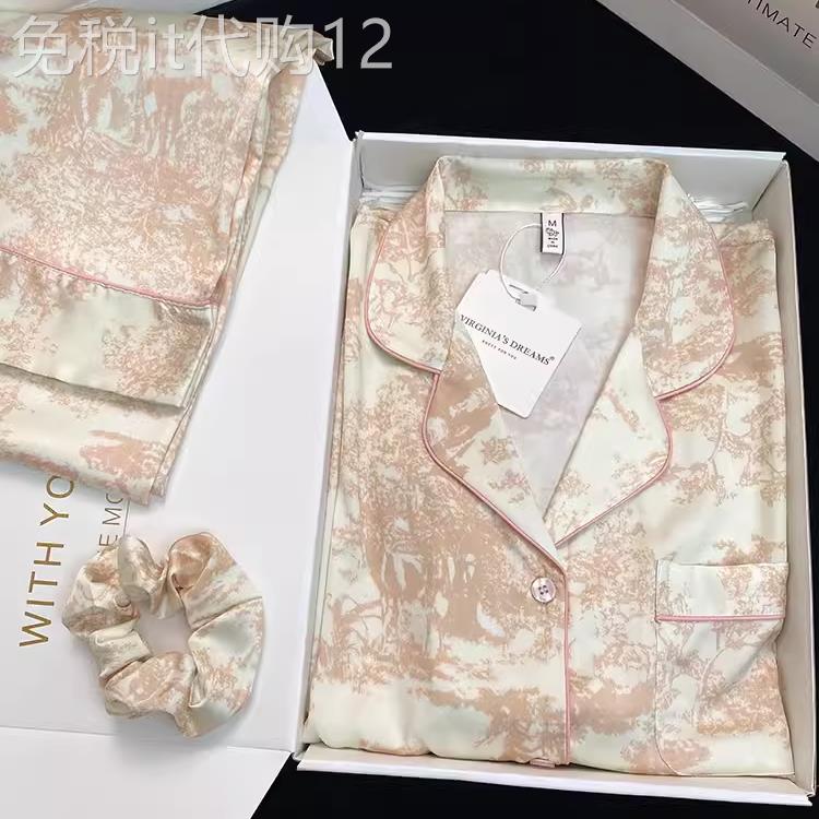 真丝睡衣女春秋季长袖水墨画送女友闺蜜生日礼物女生家居服礼盒装