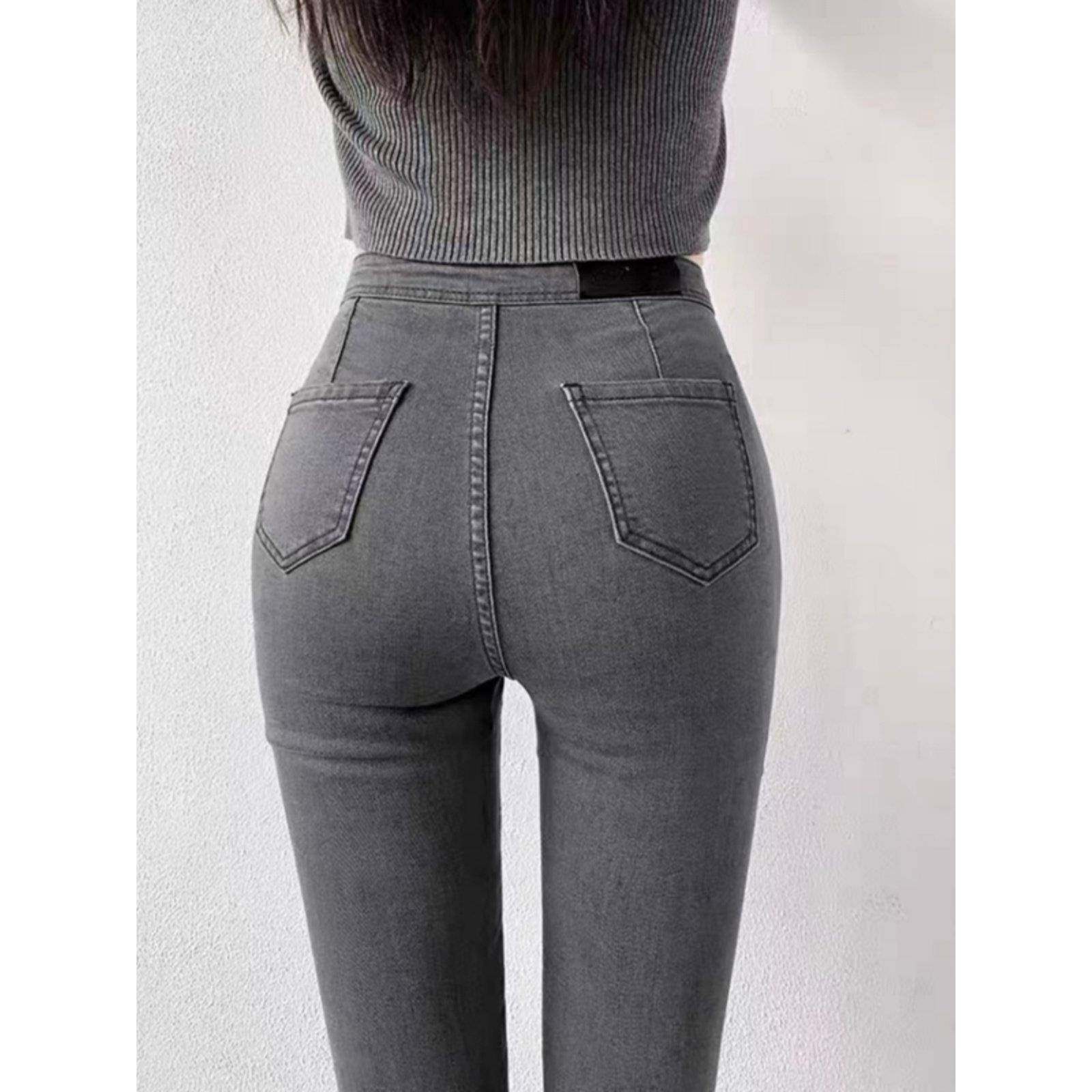 SPYB高腰美式覆古加绒牛仔裤女秋冬小个子弹力紧身显瘦小脚长裤子