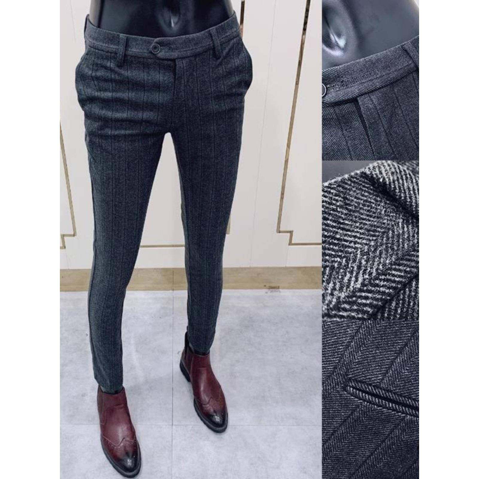 高端毛呢裤子秋冬季男士免烫格子休闲裤商务加厚西裤修身小脚长裤