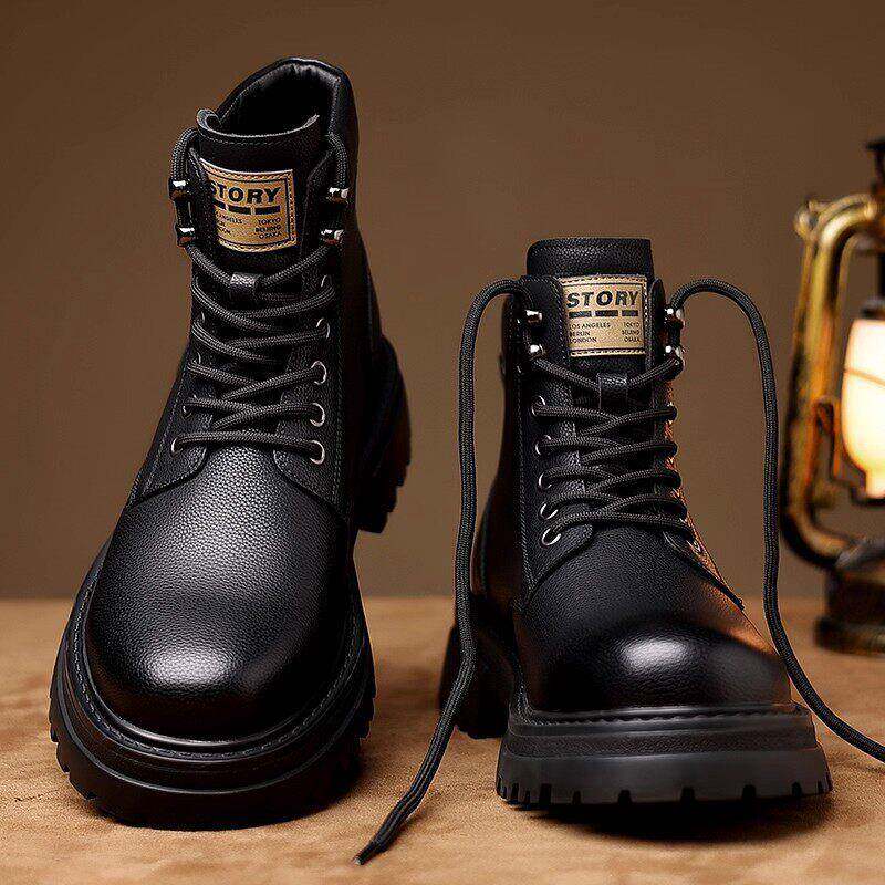 马丁靴男款2025冬季新款加绒真皮英伦风男靴厚底中帮户外工装靴男