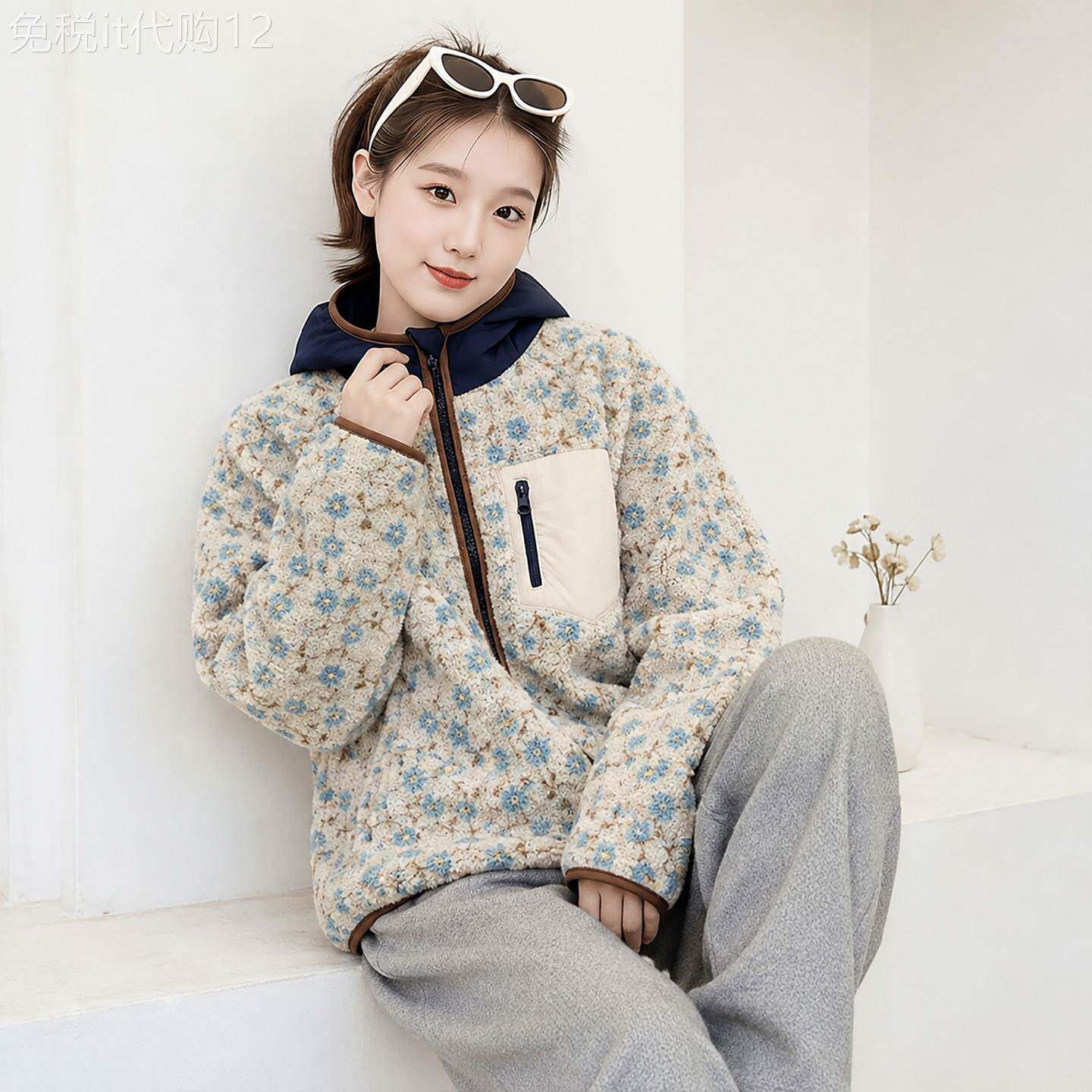 连帽费尔岛绿色仿羊羔毛环保皮草外套女2026秋小个子短款夹棉上衣