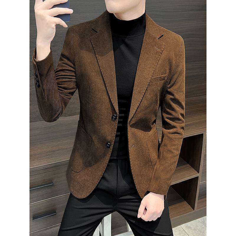 潮牌休闲灯芯绒小西装外套男春秋新款韩版修身单西高级感休闲西服