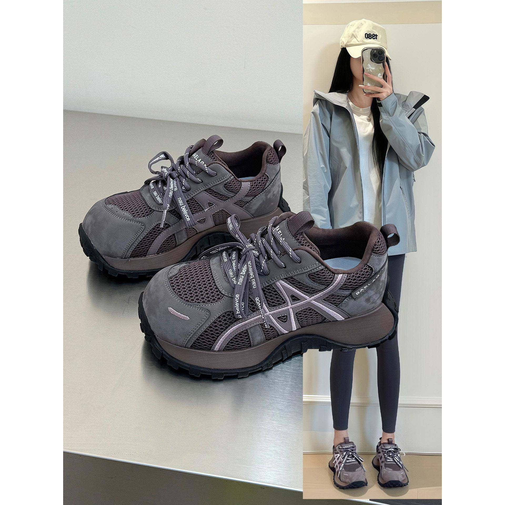 香港真皮厚底丑萌老爹鞋女2025秋冬新款双系带增高泡芙休闲运动鞋