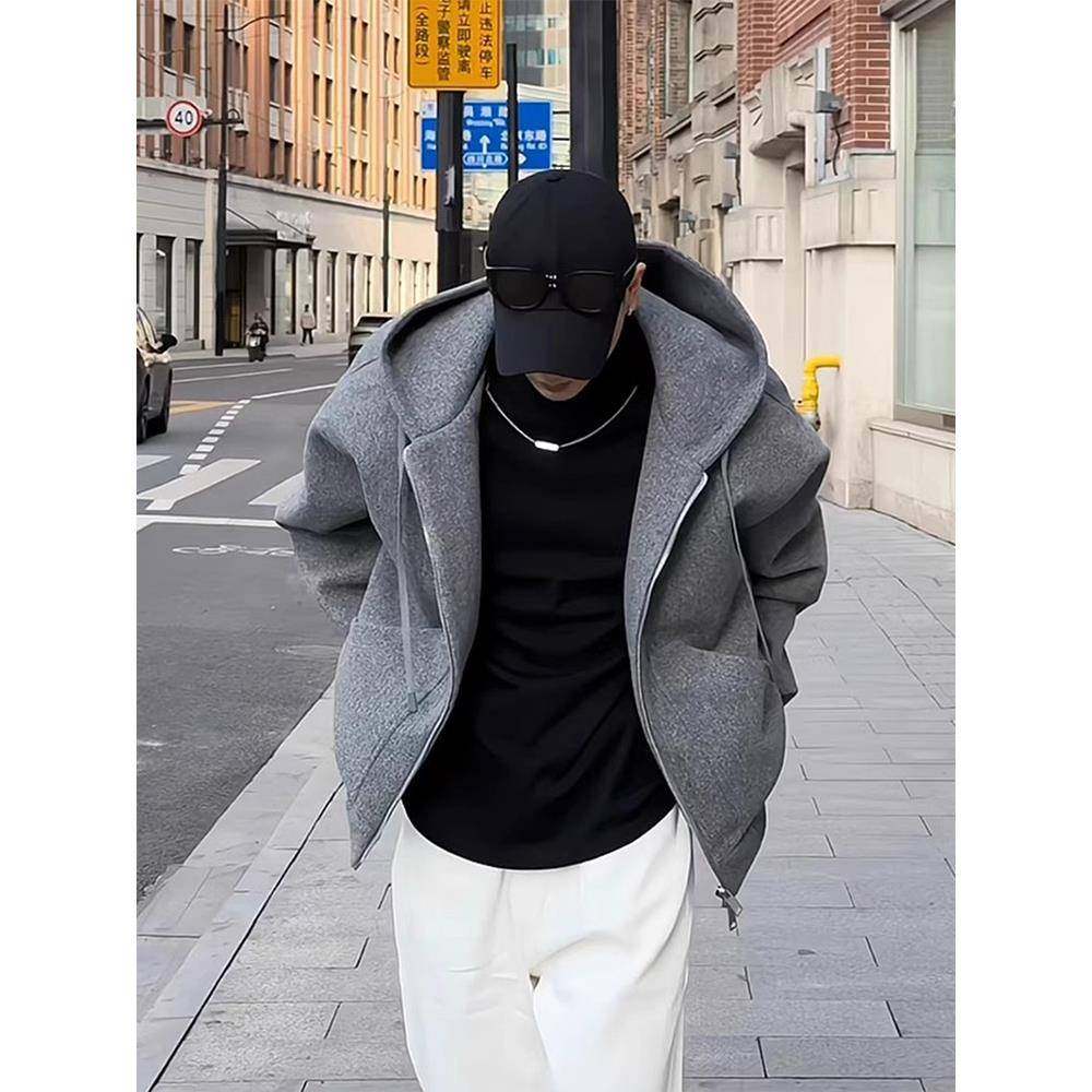 【香港奢品高定】美式复古连帽毛呢外套男秋冬款重磅硬挺开衫卫衣