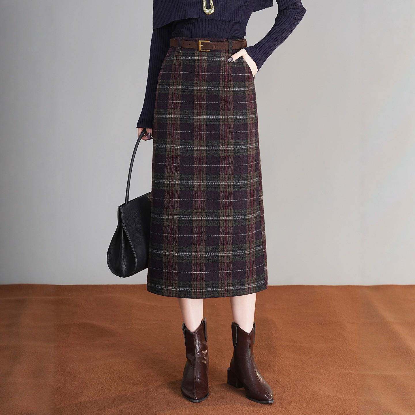 显瘦格子毛呢半身裙2025女秋冬新款高腰中长款开叉一步裙包臀裙子