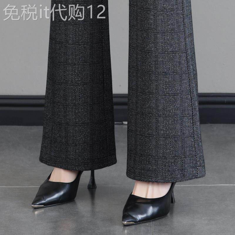灰色毛呢微喇裤女秋冬2025新款高腰宽松加绒加厚气质减龄喇叭裤子