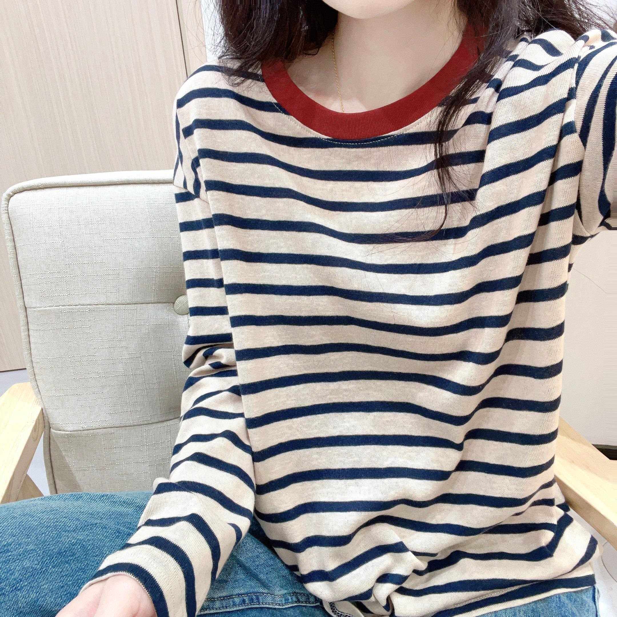 撞色圆领条纹T恤女秋季雪花棉慵懒松弛外穿宽松百搭显瘦长袖上衣