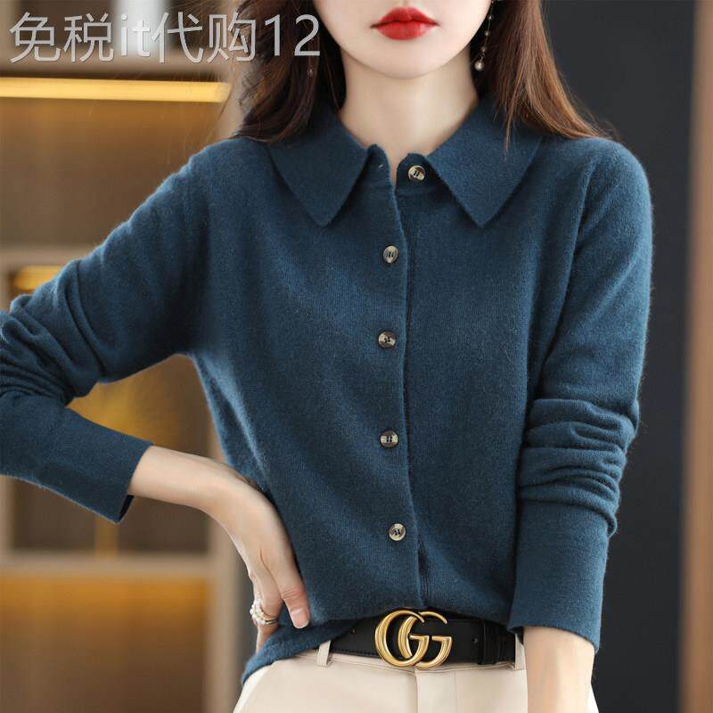 羊绒衬衫女秋冬2025新款时尚休闲针织衫修身加厚Polo领磨毛打底衫