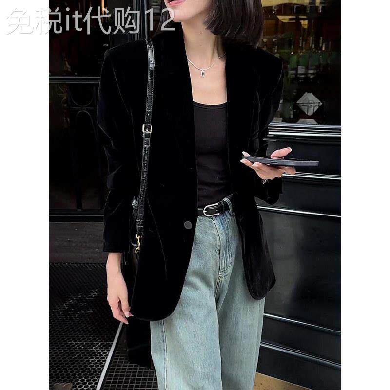 黑色丝绒西装外套女早秋2025新款小个子高级感气质休闲设计感西服