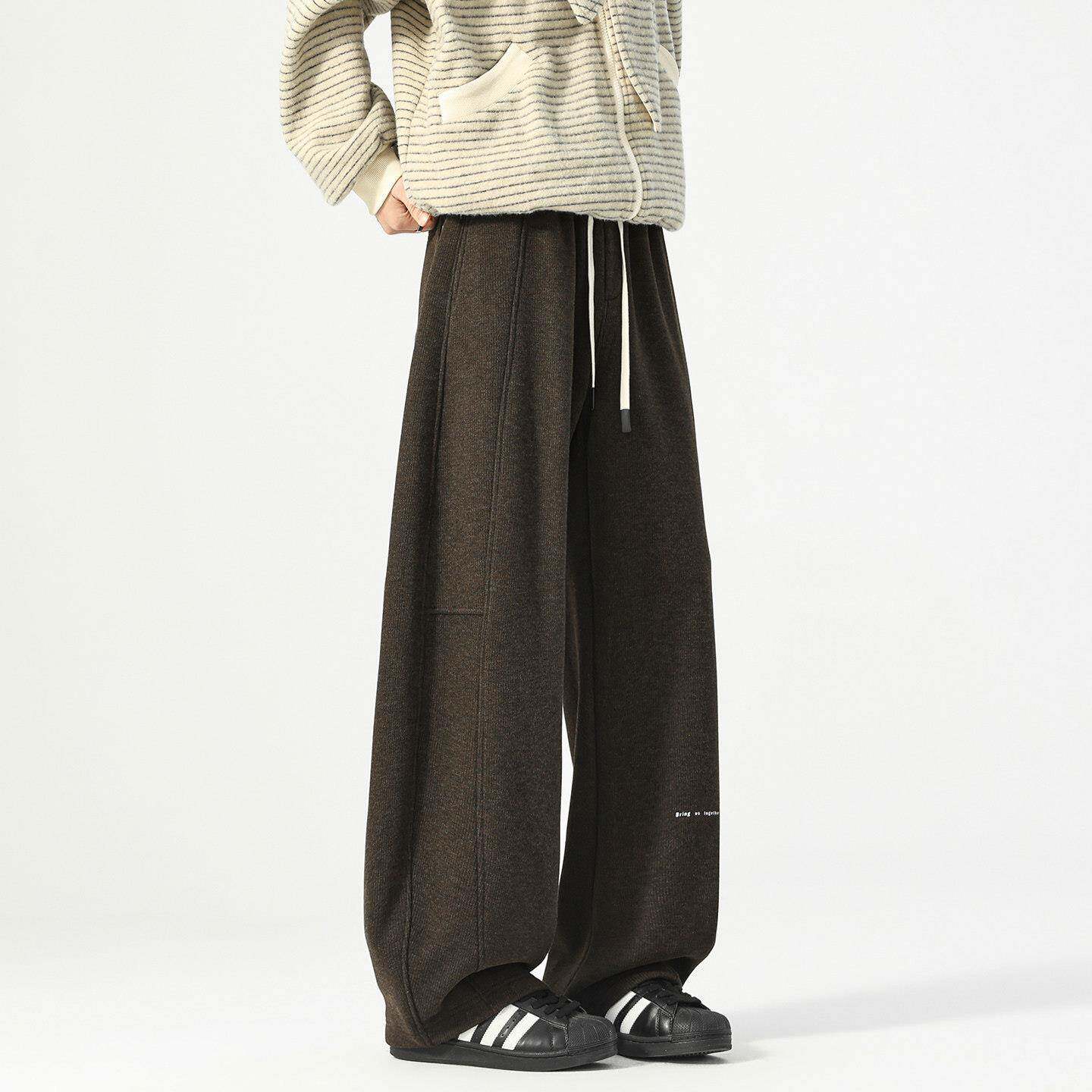 潮牌羊毛阔腿裤男士冬季毛呢裤子弯刀休闲裤加绒加厚宽松直筒卫裤