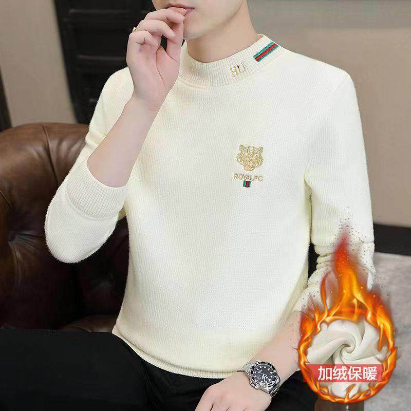 高档半高领毛衣男秋冬季一体加绒加厚修身刺绣羊毛男士中领针织衫