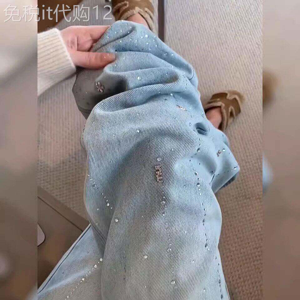 复古浅蓝色烫钻阔腿牛仔裤女2025春夏新款高腰遮胯显瘦直筒长裤子