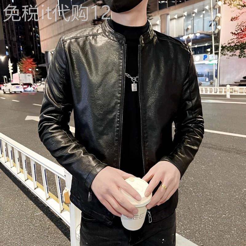 MK皮衣男春秋新款潮流痞帅修身冬季加绒保暖皮夹克高端男士外套