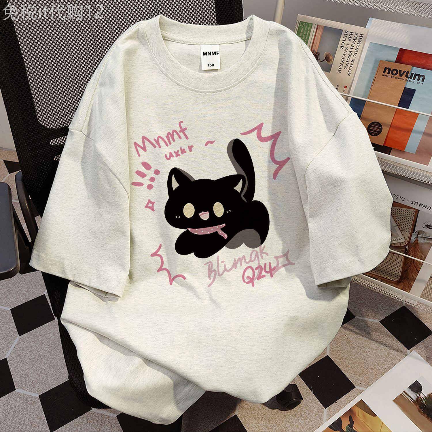 Next Alice女童纯棉短袖T恤2025夏季新款卡通小猫初中生半袖上衣