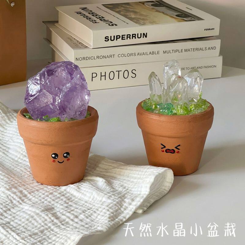 天然水晶原矿标小豆丁盆栽可爱书桌工位摆件紫黄水晶招财陪伴礼物