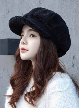 新款直销秋冬帽子假发一体女中长卷羊毛卷假发羊羔毛绒八角帽子长