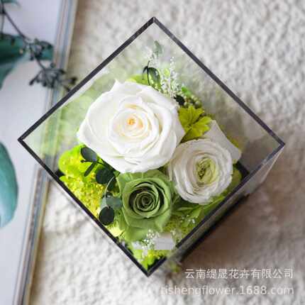 新款直销永生花成品亚克力花房真花生日礼物送女友礼物七夕情人节