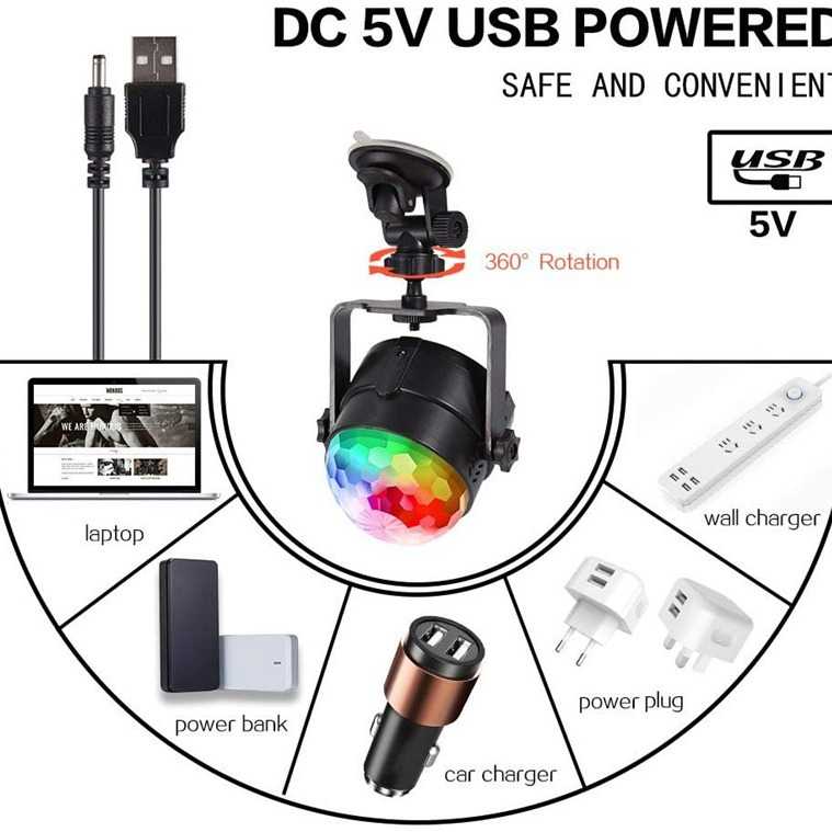 新款直销跨境新款LED七彩旋转舞台灯5V/USB充电车载氛围灯迷你声