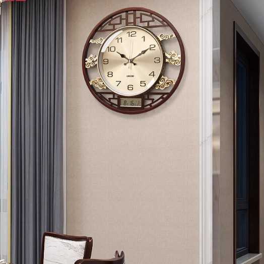 新款直销7YX新中式实木挂钟静音客厅装饰家用时钟大气万年历挂表