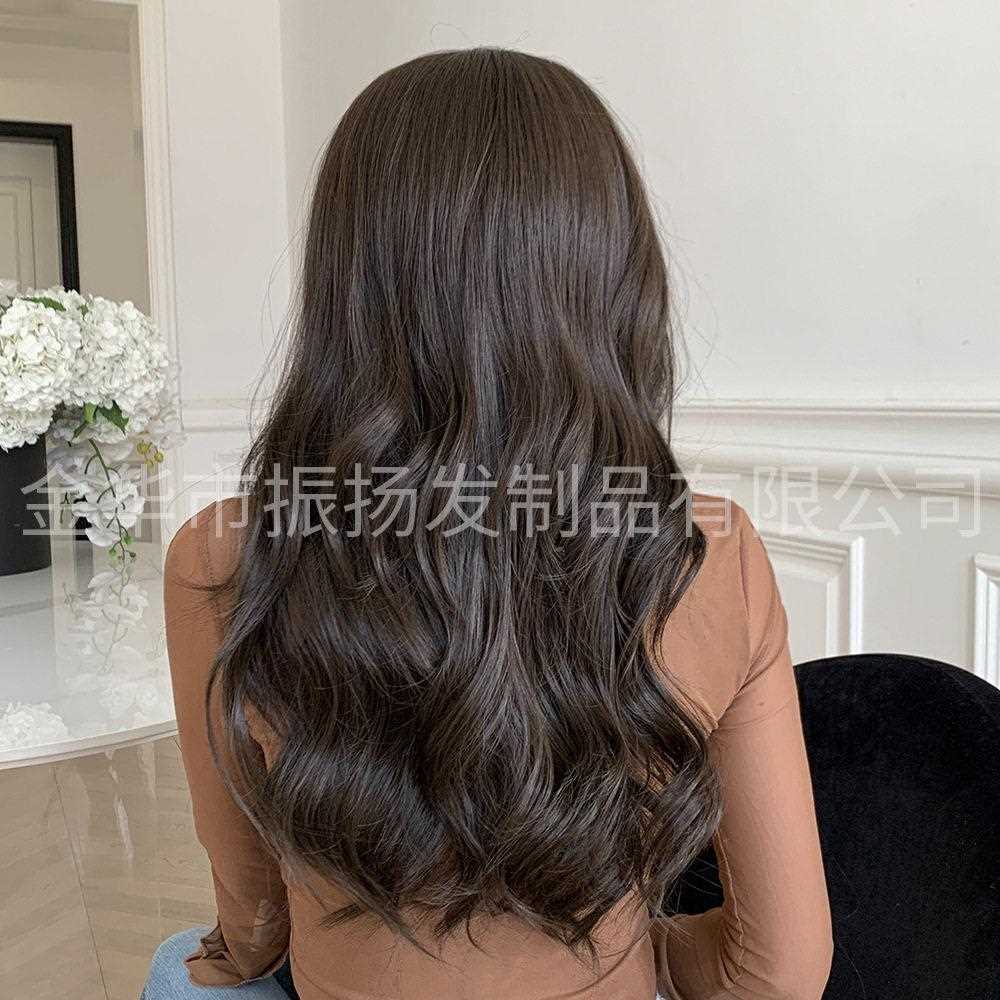 新款直销欧美大波浪长卷发女士黑棕色化纤假发套日常齐刘海全头套