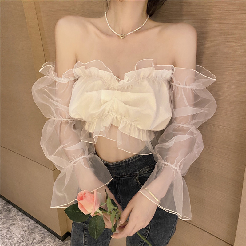 网红直播衣服女主播服装上镜性感一字肩短款露脐上衣超仙甜美衬衫