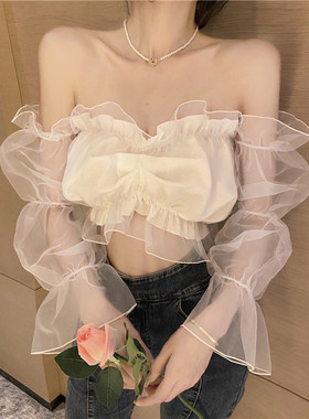 网红直播衣服女主播服装上镜性感一字肩短款露脐上衣超仙甜美衬衫