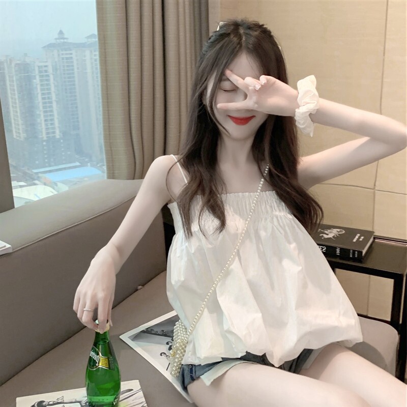 甜美高腰短款上衣女宽松夏天小个子无袖t恤一字肩吊带洋气小衫女