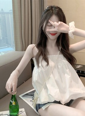 甜美高腰短款上衣女宽松夏天小个子无袖t恤一字肩吊带洋气小衫女