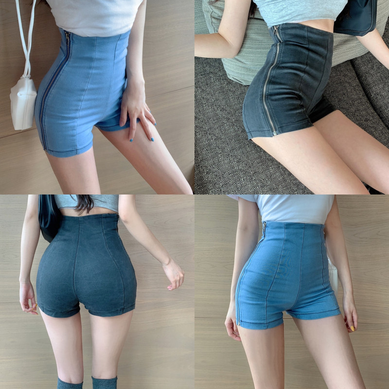 夏季女直播衣服女主播上镜性感瘦腰提臀热裤超高腰侧拉链牛仔短裤