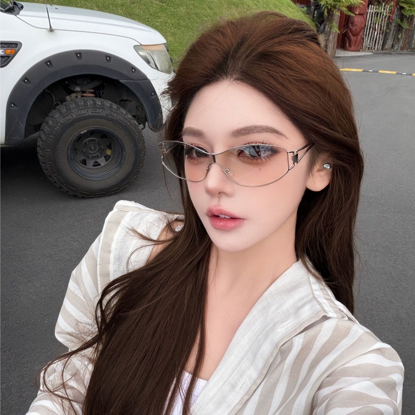 复古老钱风金属水银色墨镜女大框显瘦防紫外线y2k辣妹太阳眼镜潮