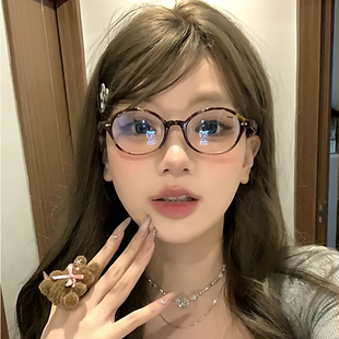 韩系复古豹纹椭圆书呆子眼镜女素颜玳瑁小框近视可配度数眼镜框架