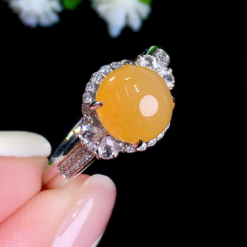 七小匠缅甸老坑天然a货翡翠冰种黄翡蛋面18k金镶嵌翡翠戒指女士