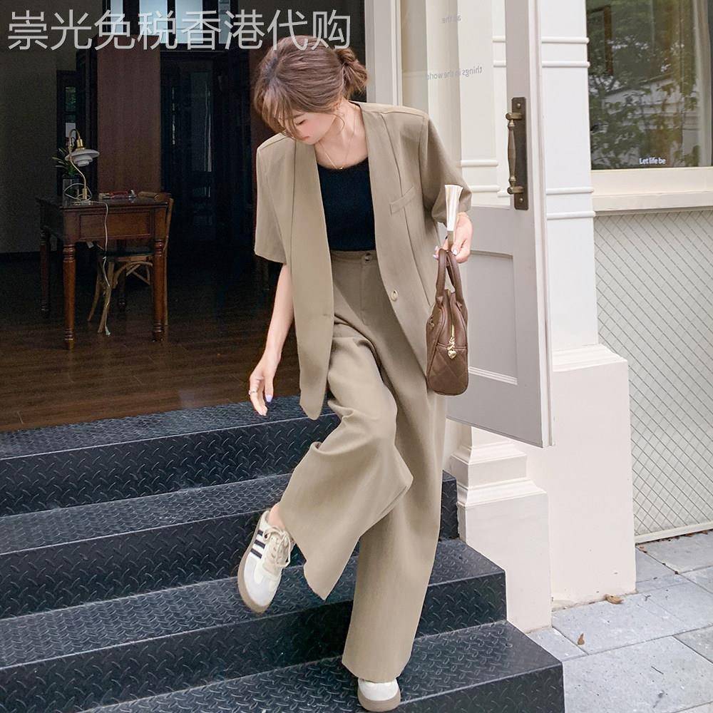 2026夏季淡人高腰直筒宽裤两件套卡其色韩版轻奢休闲西装套装女