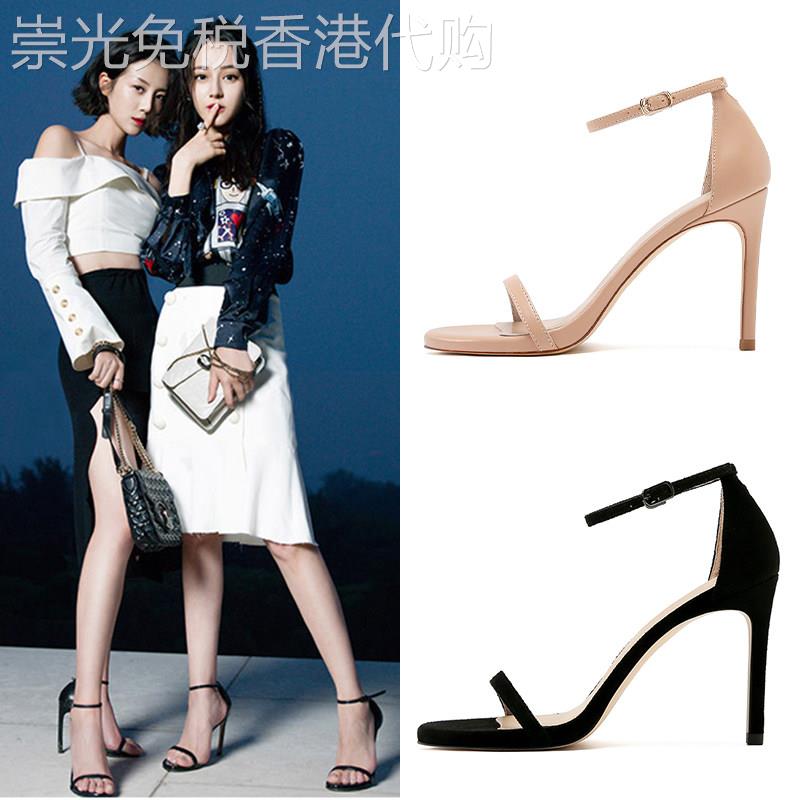 潮牌高跟鞋时尚凉鞋女2025新款网红黑色一字带扣细跟性感百搭真皮