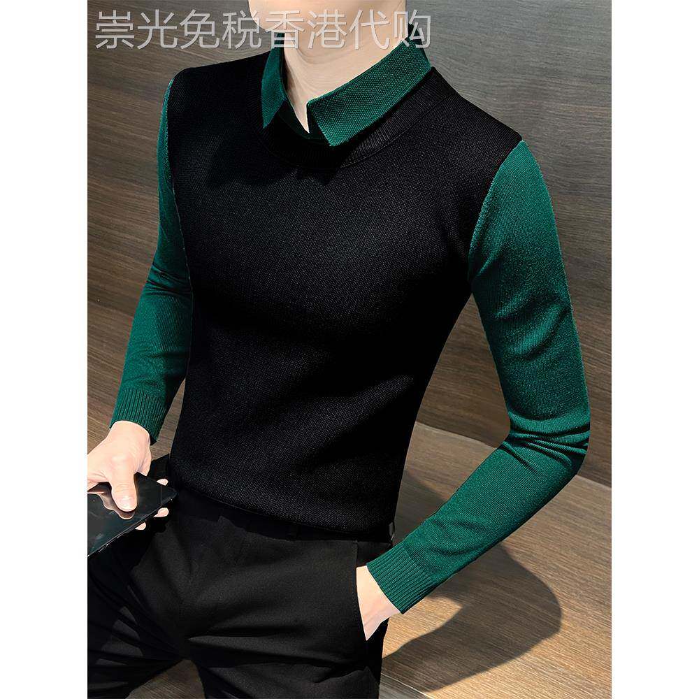 TWG假两件毛衣男秋冬季2025新款男装衬衫领针织衫内搭打底衫上衣